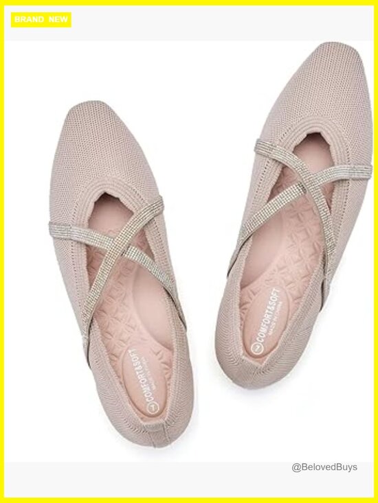 Shoes - Women's Square Toe Mary Jane Ballet Flats Cross Strap Washable Knit Comfortable